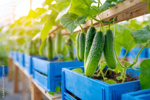 Sustainable urban farming and space-saving vertical gardening concept featuring ripe cucumbers in a greenhouse.
