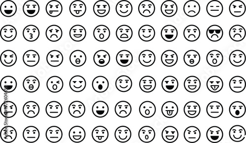 Grid of 64 emoticons with diverse facial expressions including happy, sad, angry, surprised, and neutral cartoon faces