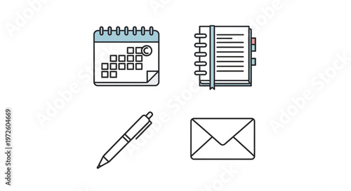 Icons of office stationery items.