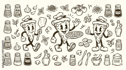 Vintage 1930s Retro Pizza Slice Mascot and Italian Cooking Ingredients Doodle Set
