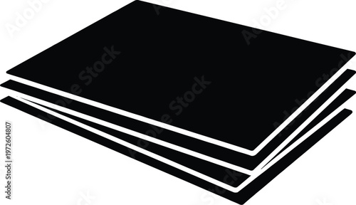 Minimal vector silhouette, paper stack pile, multiple sheets slightly offset top view, solid black, isolated on white background.