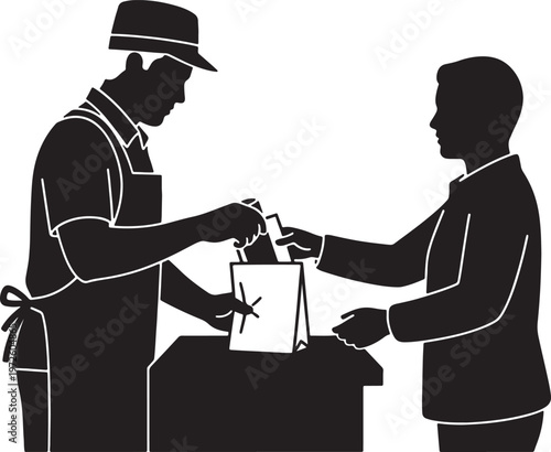 Silhouette of Shopkeeper Handing Over Shopping Bag to Customer