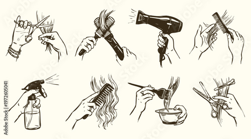 Vintage Hand Drawn Hairdressing and Salon Tools Illustration Set
