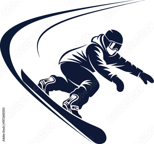 Dynamic flat vector of a snowboarder carving through snow. Ideal for winter sports branding, mountain resort logos, extreme adventure graphics, and snowboarding apparel designs. High-impact action.