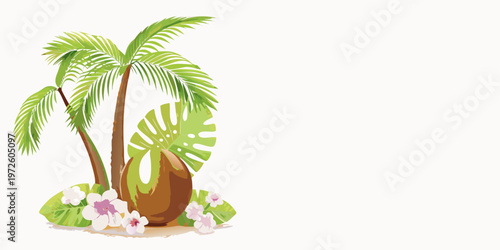 Tropical illustration featuring palm trees monstera leaves and vibrant flowers