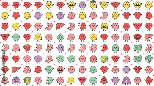 Vector illustration of cartoon human organs with expressive faces and accessories