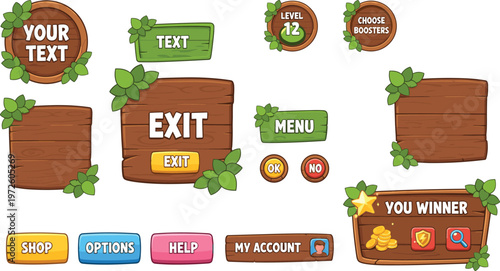 Vector illustration of cartoon video game UI elements with wooden and leafy design