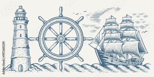 Vintage nautical illustration featuring a lighthouse ship s wheel and sailing ship