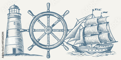 Nautical illustration featuring a lighthouse ship s wheel and sailing ship