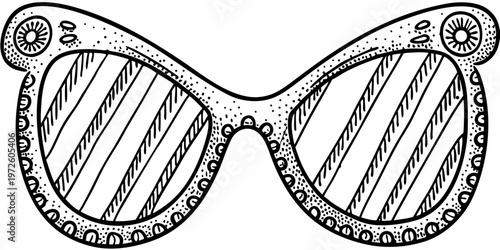 Intricate black and white illustration of decorative sunglasses with sun details