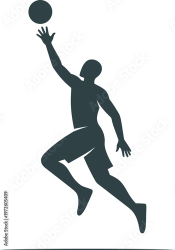 Dynamic flat vector silhouette of a basketball player jumping for a layup or dunk. Ideal for sports team logos, tournament branding, athletic apparel, and fitness-themed graphic designs.