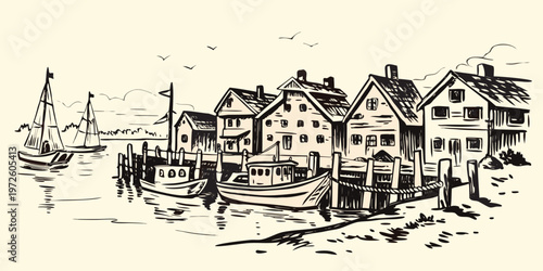 Quaint harbor scene with sketched boats and traditional european buildings