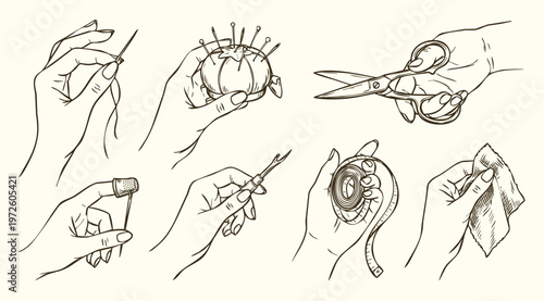 Vintage Hand Drawn Sewing and Tailoring Illustration, Retro Hands with Crafting Tools Set