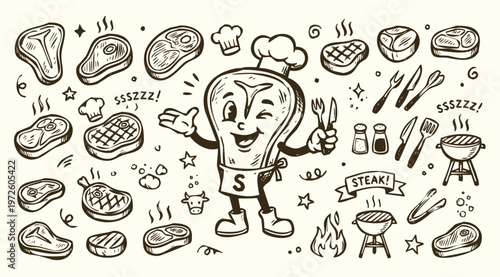 Retro 1930s Cartoon Steak Grilling Mascot, Vintage BBQ and Butcher Shop Doodle Collection