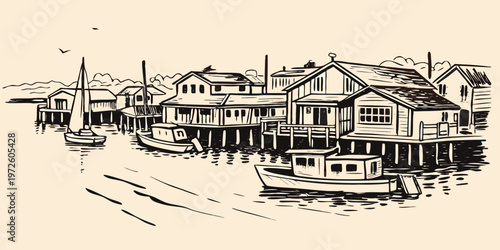 Sketch of waterfront houses on stilts with boats in calm water