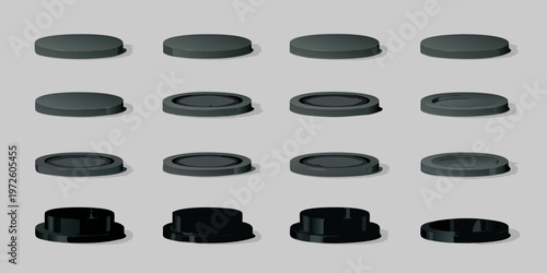 Arrangement of black plastic caps in varying shapes and sizes