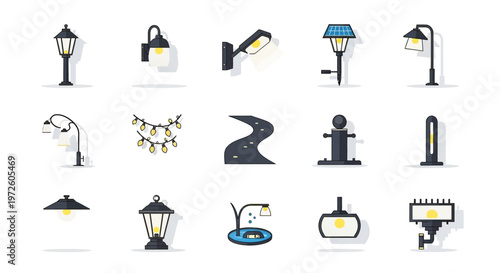 Collection of various street lamps icons.