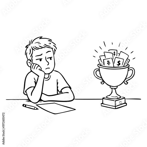 A young boy sitting at a desk looking at a trophy filled with money