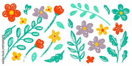 Colorful childlike drawing of various flowers and leafy green stems