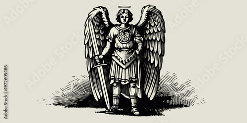 Konstfotografi A vintage illustration of an angel warrior with sword and large wings