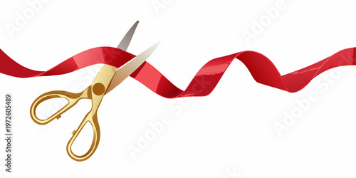 Golden scissors cutting a bright red ribbon in a celebratory gesture