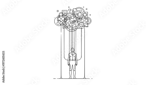 Human Controlled by Digital Strings Technology Control Concept Line Art