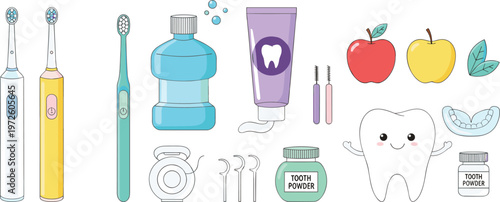Vector illustration of dental hygiene tools including toothbrushes, toothpaste, floss, mouthwash, tooth powder and cartoon tooth character