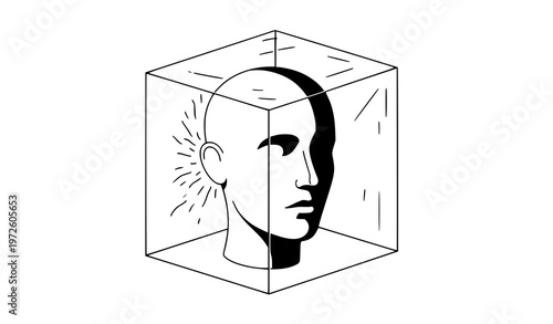 Mind Trapped in Box Mental Limitation Concept Black and White Line Art