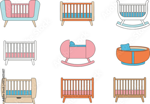 Vector illustration of diverse baby crib designs including rocking and stationary styles in colorful modern and traditional forms