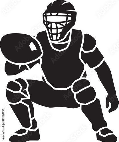 Flat vector silhouette of a baseball catcher in full gear crouching with mitt, bold minimalist style and clean lines, perfect for sports branding, team graphics, training materials, and athletic.