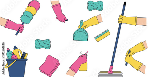 Vector illustration of household cleaning tools including gloves, sponge, mop, spray bottle, bucket and scrubbing brush