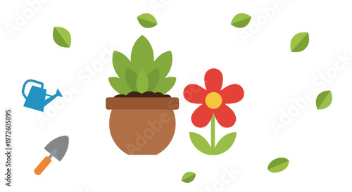 Potted plant with flower and tools.
