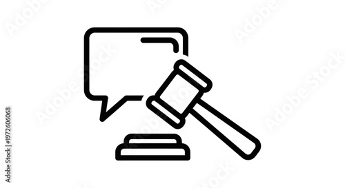 Simple line icon of gavel and speech bubble.