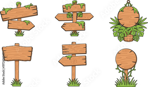 Vector illustration of rustic wooden signposts with moss and vines for nature or fantasy themes