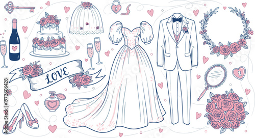 Wedding dress, groom suit, cake, champagne, bouquet, veil, shoes, and romantic accessories in celebration vector illustration
