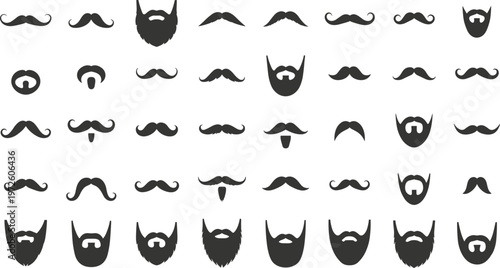 Vector illustration of various facial hair styles including mustaches and beards in black silhouette design