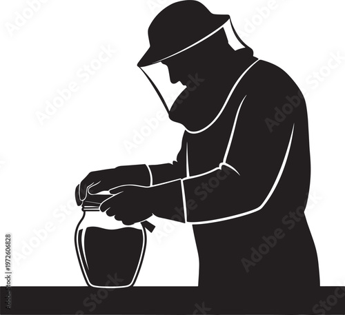 Beekeeper Opening Jar, Silhouette, Isolated on White