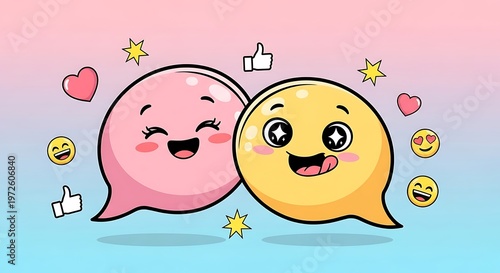 Whimsical cartoon speech bubbles, pink and yellow, with cute faces and social media icons