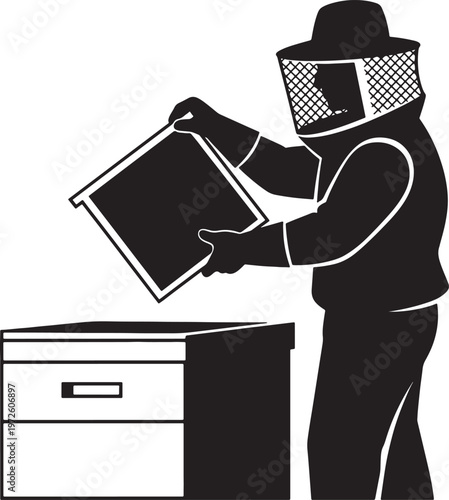 Beekeeper Inspecting Hive Box in Apiary