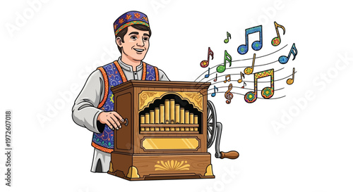 Young man playing traditional hand cranked organ illustration isolated on white background