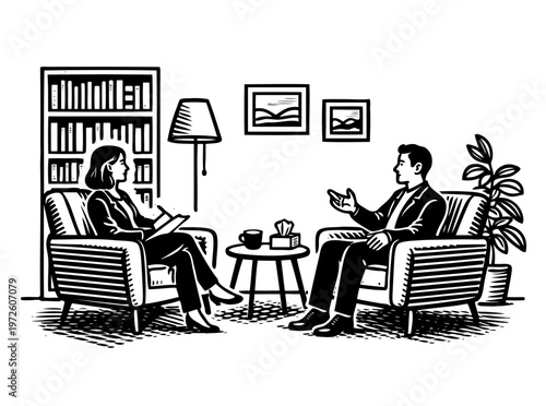 Professional Woman Actively Listens and Takes Notes While a Male Client Articulates His Thoughts During a Therapy Session in a Comfortable Office Setting