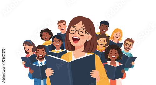 A diverse group of happy people enthusiastically performs in a vocal choir while holding open blue songbooks against a pristine white background.