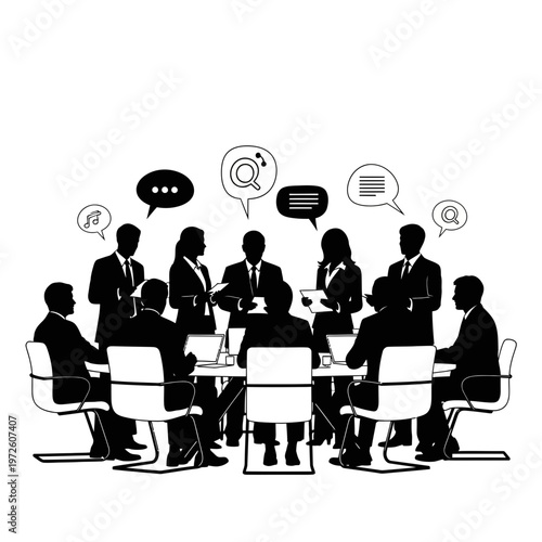 Business people sitting around a table having a meeting with speech bubbles