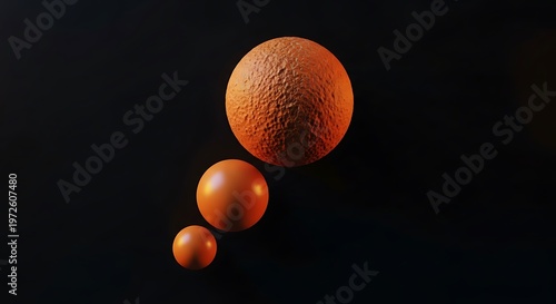Three Orange Spheres Floating in Darkness.