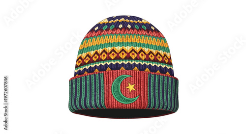 Knitted winter beanie hat with crescent moon and star patterns isolated on white background