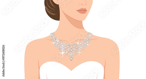 An elegant woman wearing a white strapless gown showcases a magnificent and intricate diamond necklace with matching earrings against a white background.