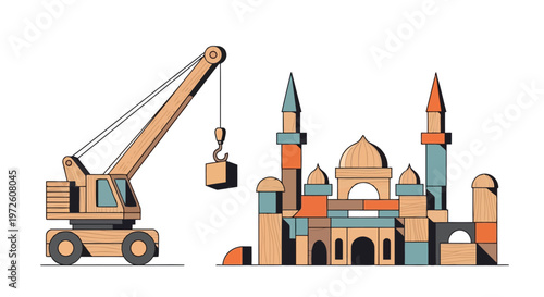 Construction crane building mosque from wooden blocks in flat design isolated on white background