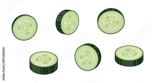 Six individual slices of fresh green cucumber are scattered across a pristine white background showcasing detailed inner seeds and dark green outer skin.