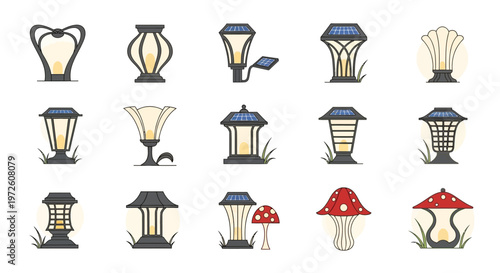 Solar powered garden lanterns and mushrooms.