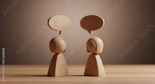 Wooden figures converse, speech bubbles above. Warm lighting, simple composition, dialogue implied